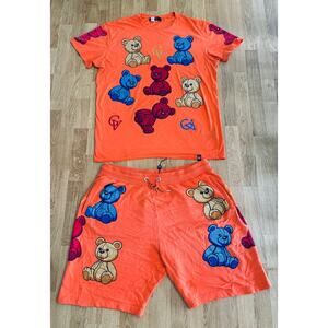 Avenue George V Paris Short Set Size 3XL Orange Teddy Bear Rhinestones